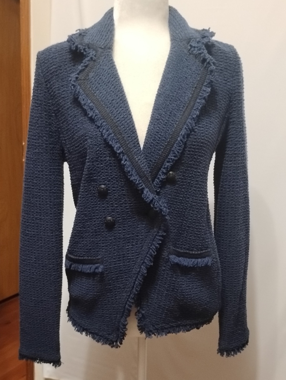 Chico's Fringed Double-Breasted Knit Blazer - Blue